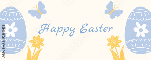 Horizontal Easter greeting banner card with decorated eggs spring flowers and butterflies pastel flat vector illustration