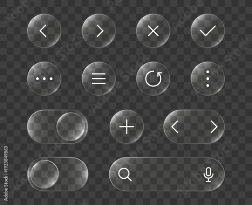 3D liquid glass UI buttons. Forward, back and search bar, menu and cross, tick and refresh control with glassmorphism effect. Transparent interface button set. Glossy screen frames. Vector icons.