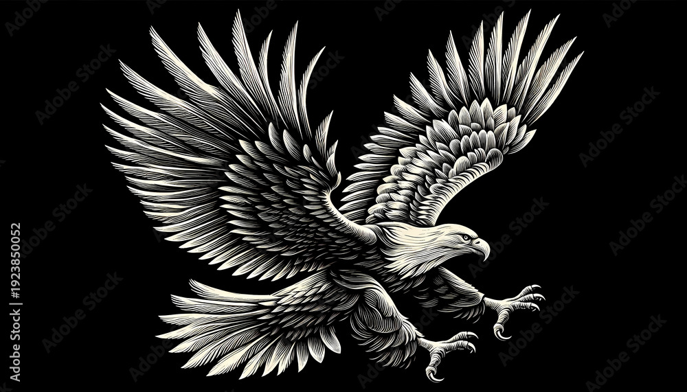 Fototapeta premium High contrast white engraved line art of an eagle in flight on black background, scratchboard style.