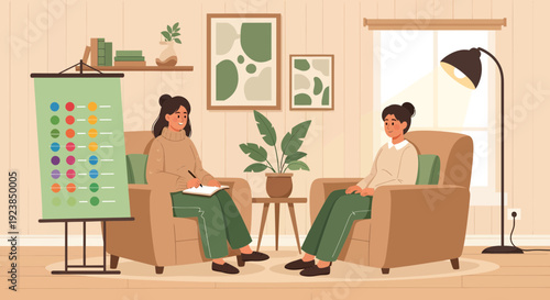 Two women engaged in a therapy session or counseling.