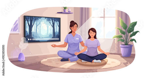 Two women meditating in a peaceful home environment.