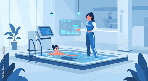 Woman in futuristic suit interacting with a person in a pool.