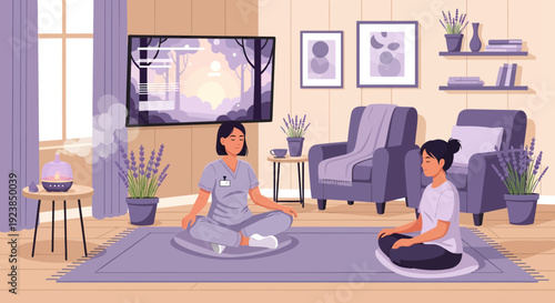 Two women meditating in a living room with an essential oil diffuser.