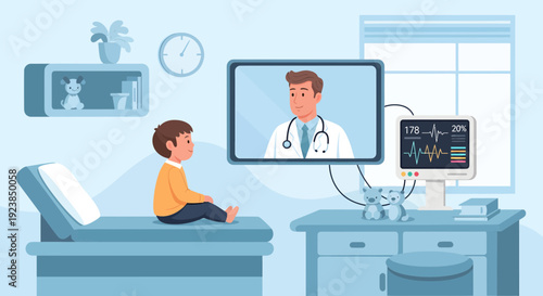 Young boy having a virtual medical consultation with a doctor.