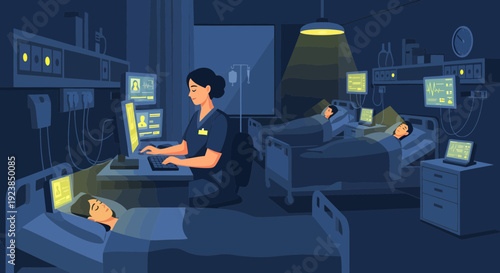 Dedicated Nurse Working Night Shift in Hospital Ward.