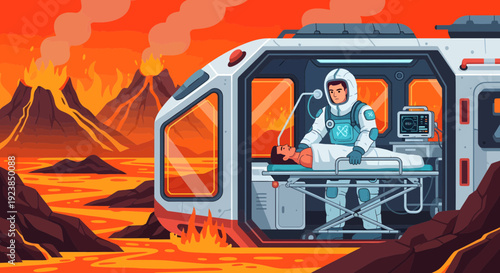 Astronaut medic attends to patient in futuristic ambulance on alien planet.