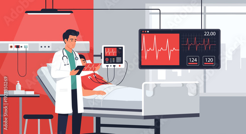 Doctor monitoring patient in hospital bed with medical equipment.