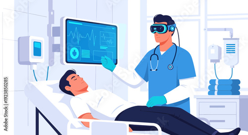 Doctor using virtual reality headset to examine patient in hospital bed.
