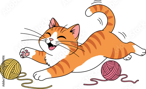 Playful orange tabby cat jumping with yarn balls cute pet cartoon vector illustration design