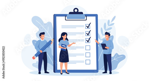 Business People Reviewing Checklist with Giant Pencil