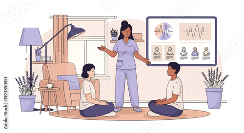 Female therapist explains brain activity to two patients.