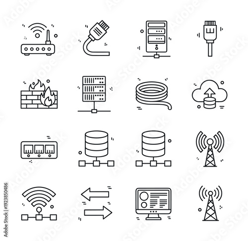 Collection of network and server icons representing technology and data infrastructure