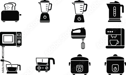 Toaster, blender, electric kettle, microwave, hand mixer and coffee machine. 