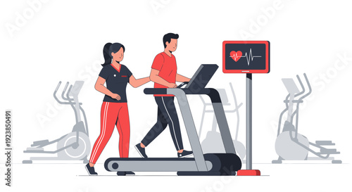 Man on treadmill with personal trainer and heart rate monitor.