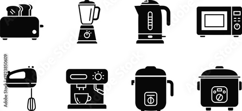 Toaster, blender, electric kettle, microwave, hand mixer and coffee machine. 