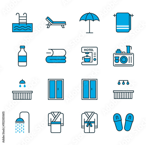 Collection of hotel and resort amenities icons in a clean, modern style