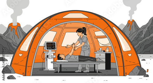 Medical professional providing care inside a disaster relief tent.