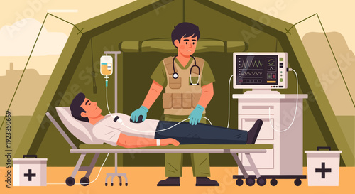 Military medic attending to an injured soldier in a field hospital tent.