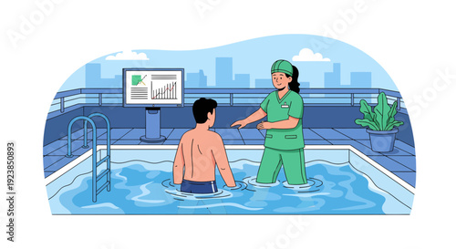 Physical therapist assisting male patient with aquatic therapy in a pool.