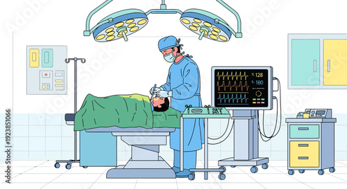 Surgeon performing operation on patient in operating room.