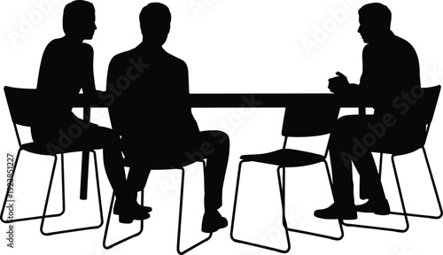 Business meeting silhouettes of three professionals discussing strategy at table, corporate teamwork and negotiation concept, office collaboration scene isolated on white background illustration