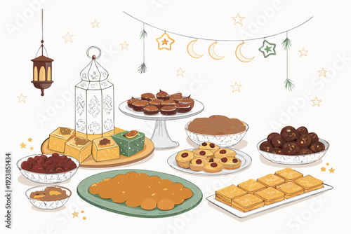 Dynamic Eid Fitr Food Table Sweets And Desserts Clea High-Quality Stock Image
