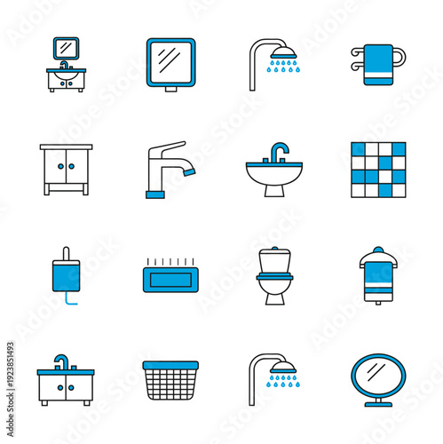 Collection of bathroom icons with blue and black outlines on a white background