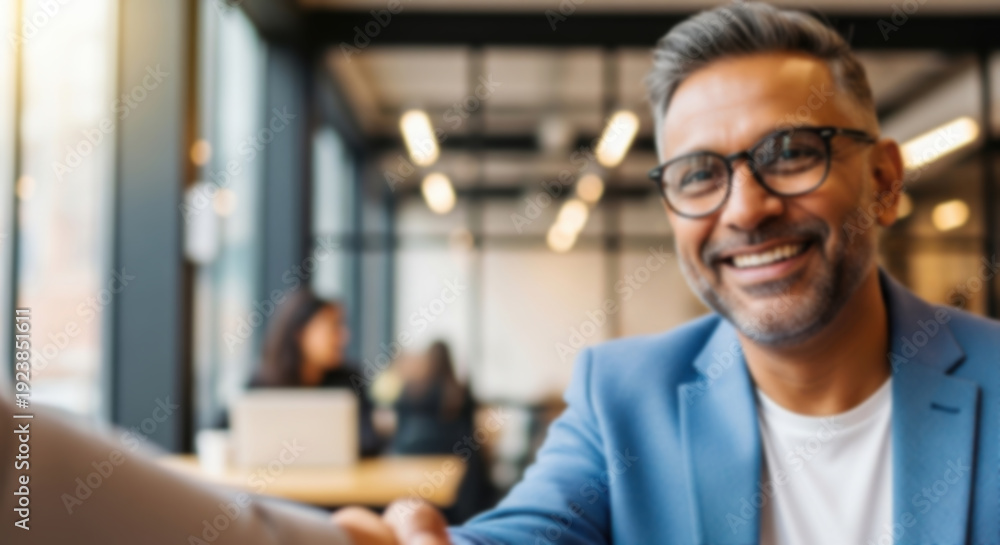 Obraz premium soft focus blurred photo of Smiling Indian Businessman in Glasses Shaking Hands in Modern Office