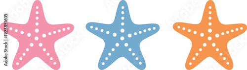 Colorful starfish illustration set with decorative dots, pink blue and orange sea stars isolated on white background, marine life design collection
