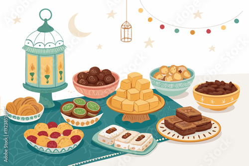 Stunning Eid Fitr Food Table Sweets And Desserts Clea High-Quality Stock Image
