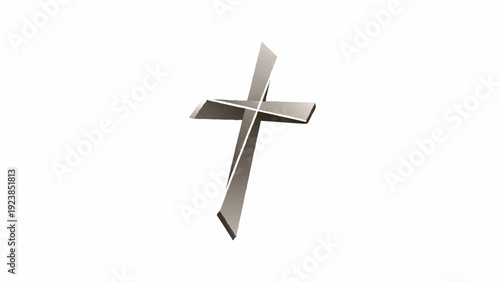 A minimalist 3D rendering of a Christian cross with a subtle metallic sheen, isolated on a pure white background, symbolizing faith and spirituality
