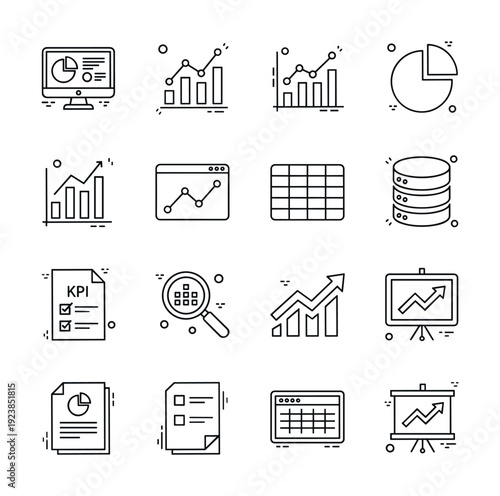 Collection of business analytics and data visualization icons in a clean line art style