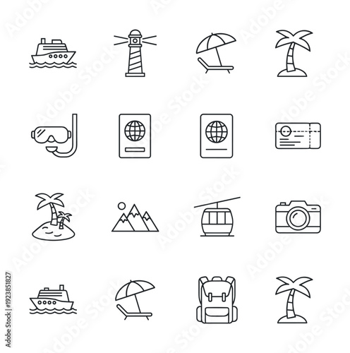 Collection of travel and vacation icons in a clean, modern line art style