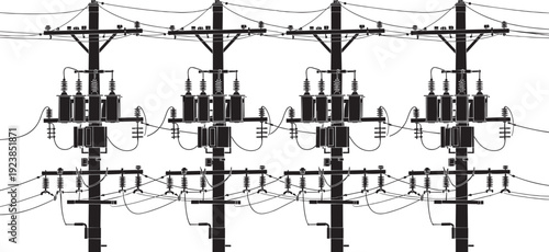 Silhouette electrical utility poles with transformers and power lines, detailed industrial energy infrastructure illustration