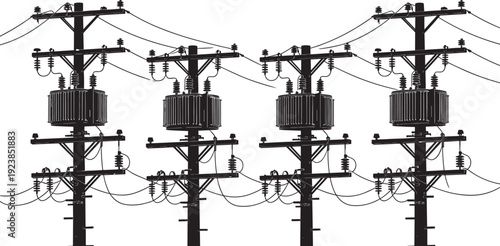 Silhouette electric utility poles with transformers and power lines, industrial energy distribution infrastructure illustration