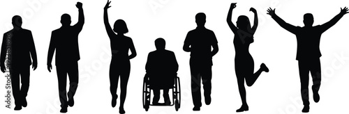 Diverse people silhouettes celebrating unity and inclusion with wheelchair user, raised arms, equality, disability awareness, community diversity concept isolated on white background