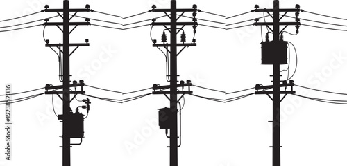 Silhouette of utility poles with transformers and power lines, electrical distribution infrastructure against clear sky background