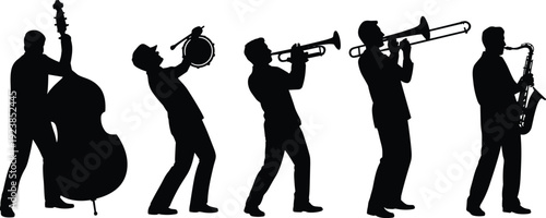 Jazz Band Silhouettes Featuring Double Bass, Tambourine, Trumpet, Trombone and Saxophone Musicians Black Music Illustration Set Isolated on White Background