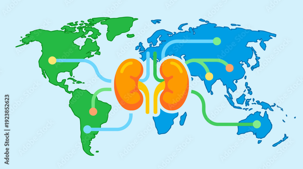Naklejka premium Global Health Awareness for World Kidney Day with Illustrative Kidney and World Map