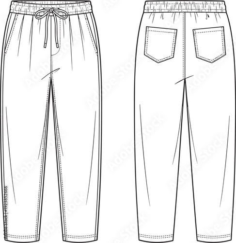 Women jogger pants technical flat sketch, front and back view fashion apparel template illustration