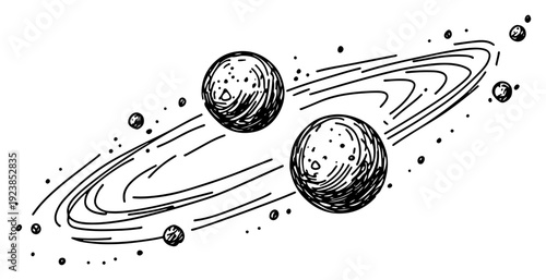 Cosmic doodle illustration showing two planets orbiting with rings and stars