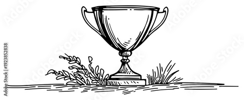 Winner trophy cup standing on the ground with grass in doodle art style