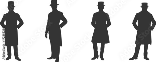 Victorian Gentleman Silhouettes Collection with Top Hats and Formal 19th Century Suits Vintage Male Fashion Illustration Isolated on White Background