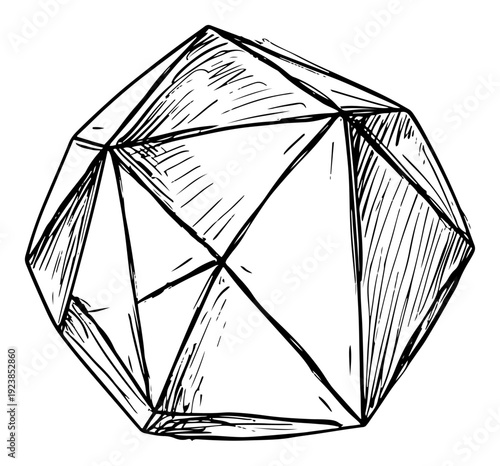 Geometric multifaceted polygon shape with detailed shading in hand drawn style