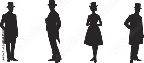 Victorian Gentleman and Lady Silhouettes in Top Hats and Elegant 19th Century Attire Vintage Fashion Illustration Isolated on White Background