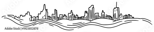 Minimalist panoramic city skyline sketch with urban buildings over wavy lines