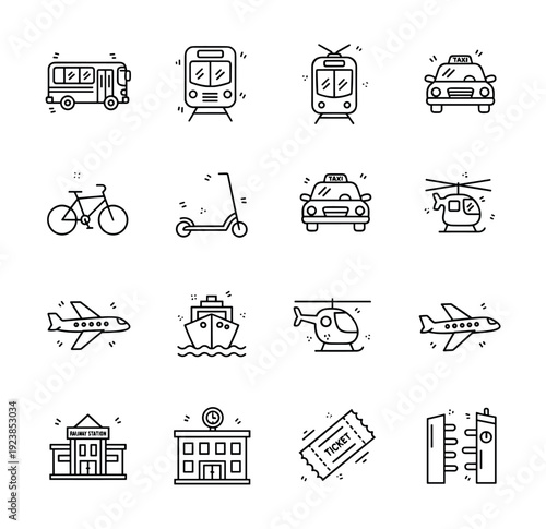 Collection of diverse transportation and travel icons in a clean, modern line art style