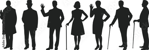 Victorian Men and Women Silhouettes with Canes and Formal Attire Elegant 19th Century Vintage Fashion Illustration Set Isolated on White Background