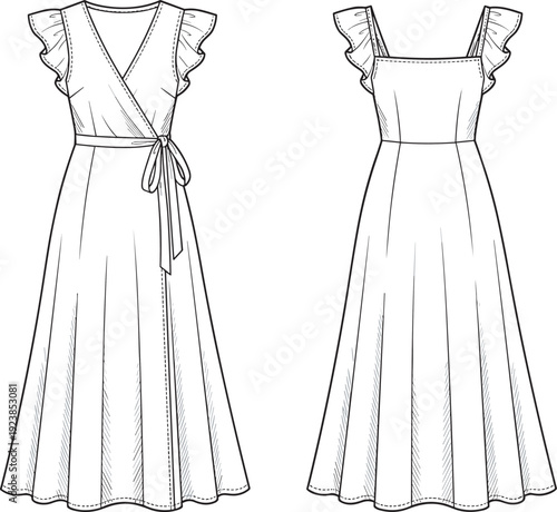 Women wrap maxi dress technical flat sketch, front and back view fashion apparel template