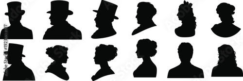 Victorian Men and Women Profile Silhouettes with Top Hats and Elegant 19th Century Hairstyles Vintage Portrait Illustration Set Isolated on White Background